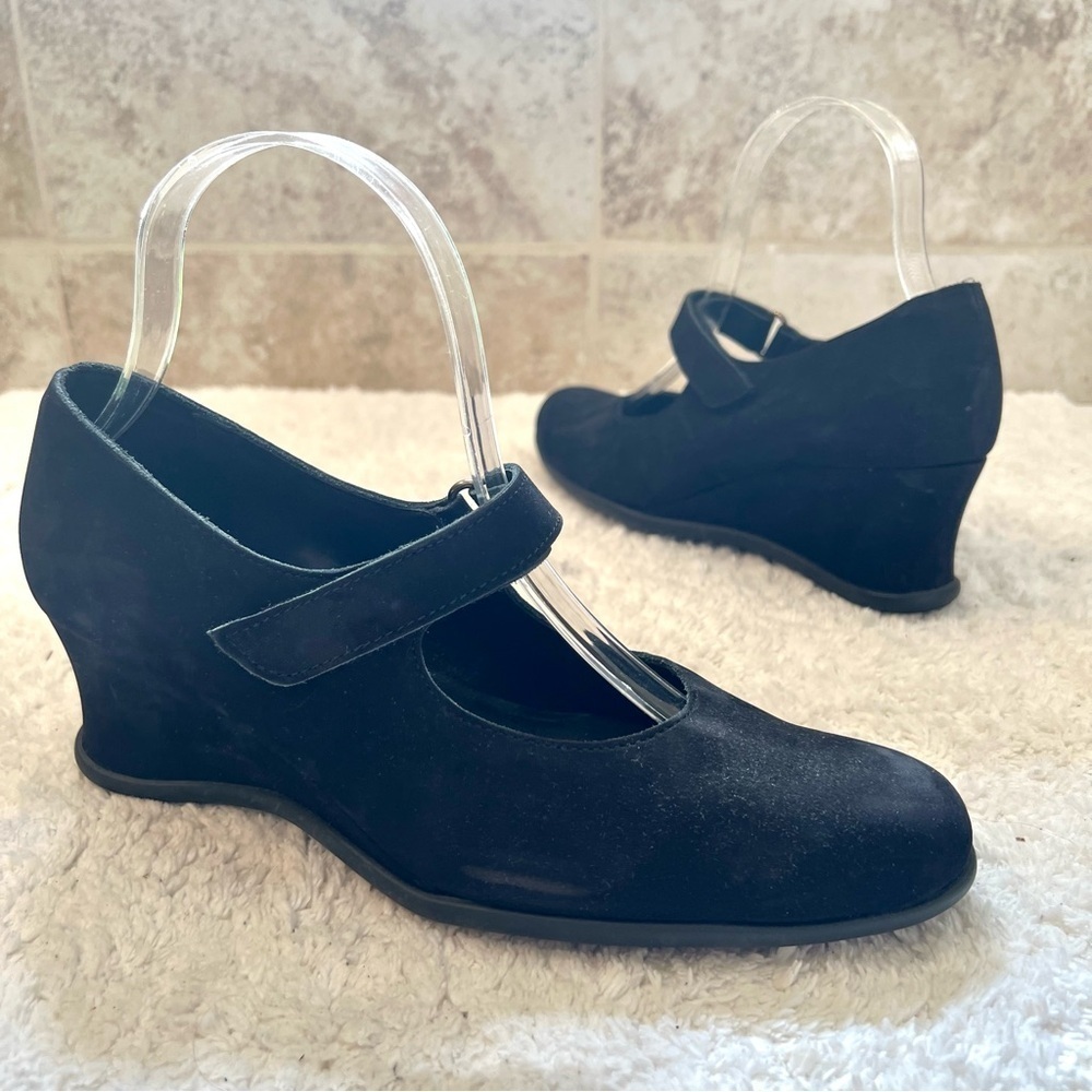 Arche France Black Nubuck Hook & Loop Mary Janes suede leather wedged shoes 8M